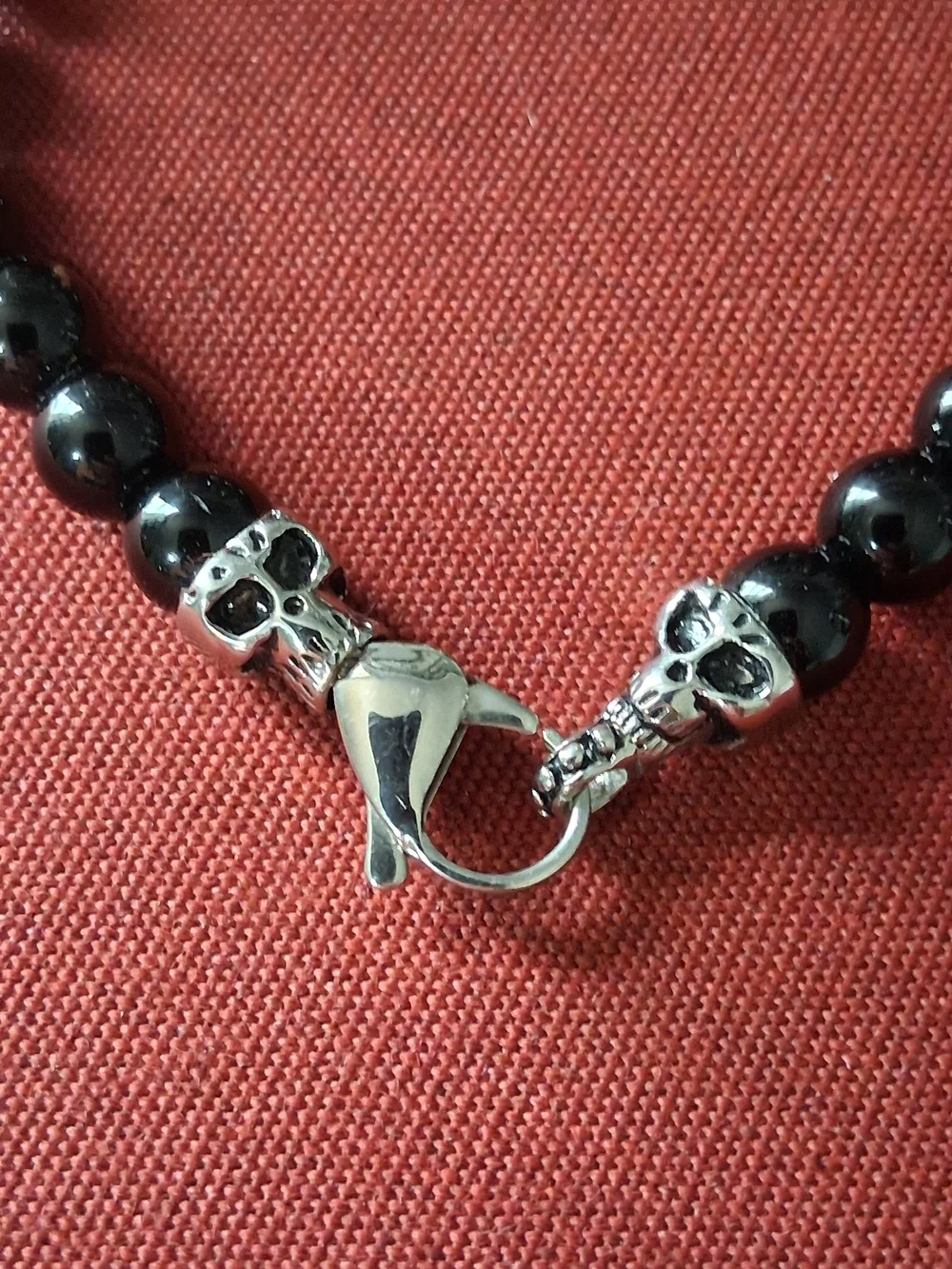 Gothic Unisex Onyx Beaded Bracelet Silver Skull Men's Signed HAN SS Biker